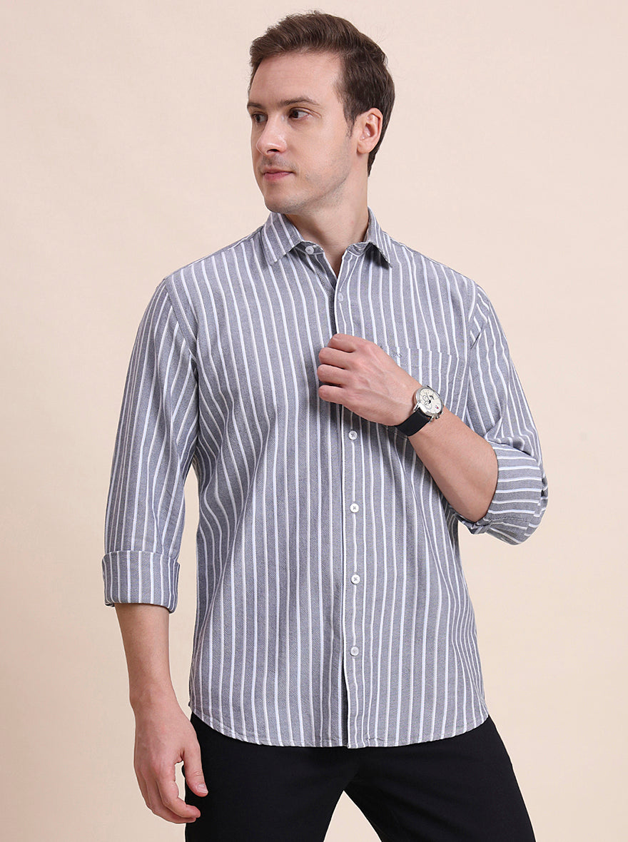 Grey Striped Tailored Fit Semi Casual Shirt | JadeBlue