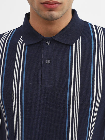 Navy Blue & White Striped Slim Fit Polo T-Shirt | Greenfibre