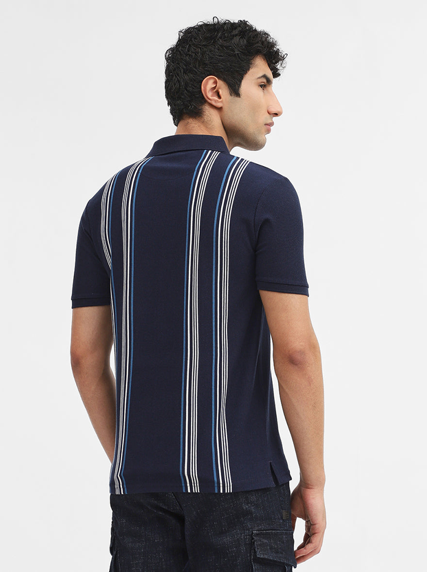 Navy Blue & White Striped Slim Fit Polo T-Shirt | Greenfibre