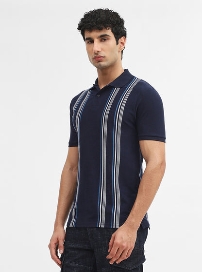Navy Blue & White Striped Slim Fit Polo T-Shirt | Greenfibre