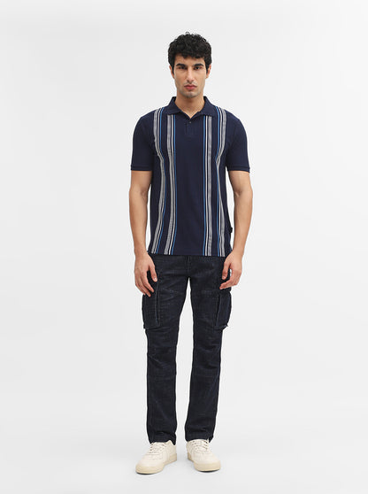 Navy Blue & White Striped Slim Fit Polo T-Shirt | Greenfibre