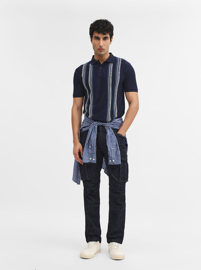 Navy Blue & White Striped Slim Fit Polo T-Shirt | Greenfibre