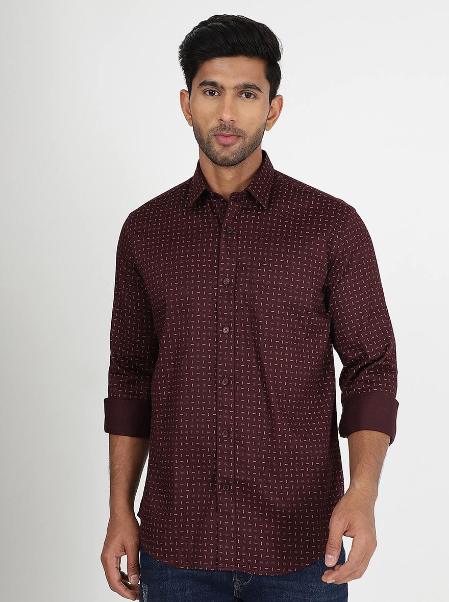 Wine Printed Slim Fit Semi Casual Shirt | JadeBlue