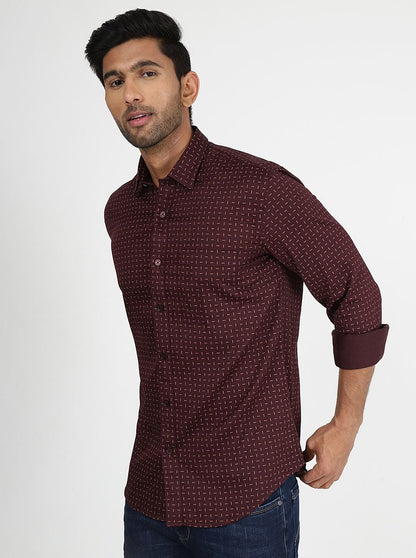 Wine Printed Slim Fit Semi Casual Shirt | JadeBlue