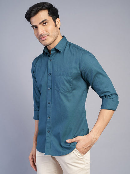 Blue Solid Slim Fit Semi Casual Shirt | JadeBlue
