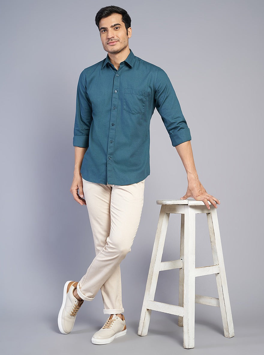 Blue Solid Slim Fit Semi Casual Shirt | JadeBlue