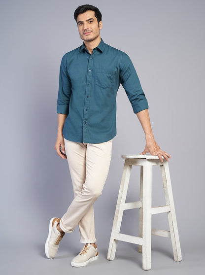 Blue Solid Slim Fit Semi Casual Shirt | JadeBlue