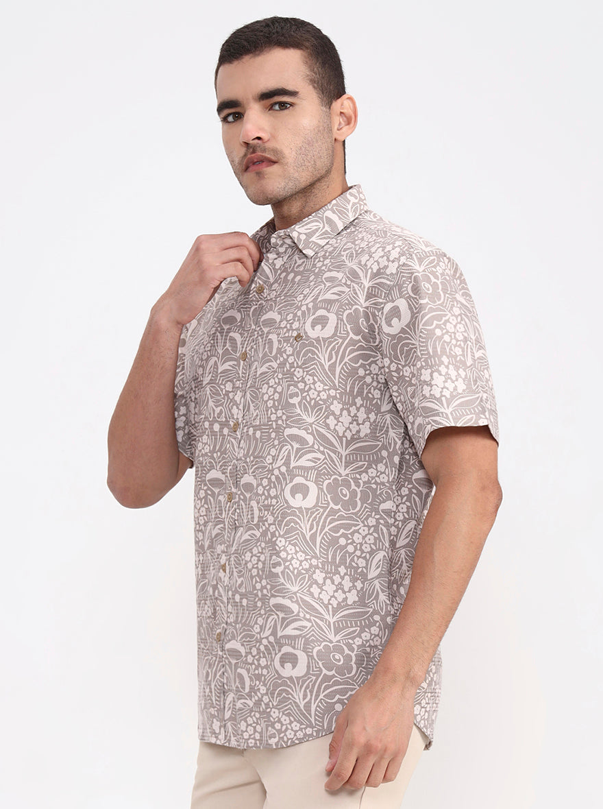 Light Olive Printed Regular Fit Casual Shirt | Greenfibre