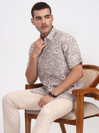Light Olive Printed Regular Fit Casual Shirt | Greenfibre