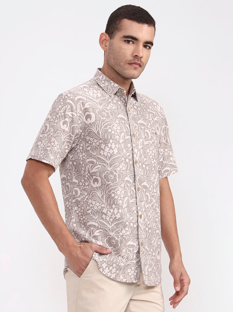 Light Olive Printed Regular Fit Casual Shirt | Greenfibre