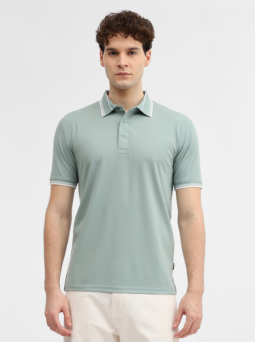 Sea Green Solid Slim Fit Polo T-Shirt | JadeBlue