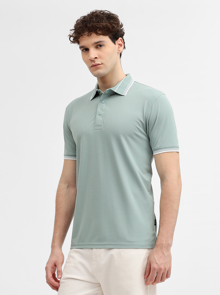 Sea Green Solid Slim Fit Polo T-Shirt | JadeBlue