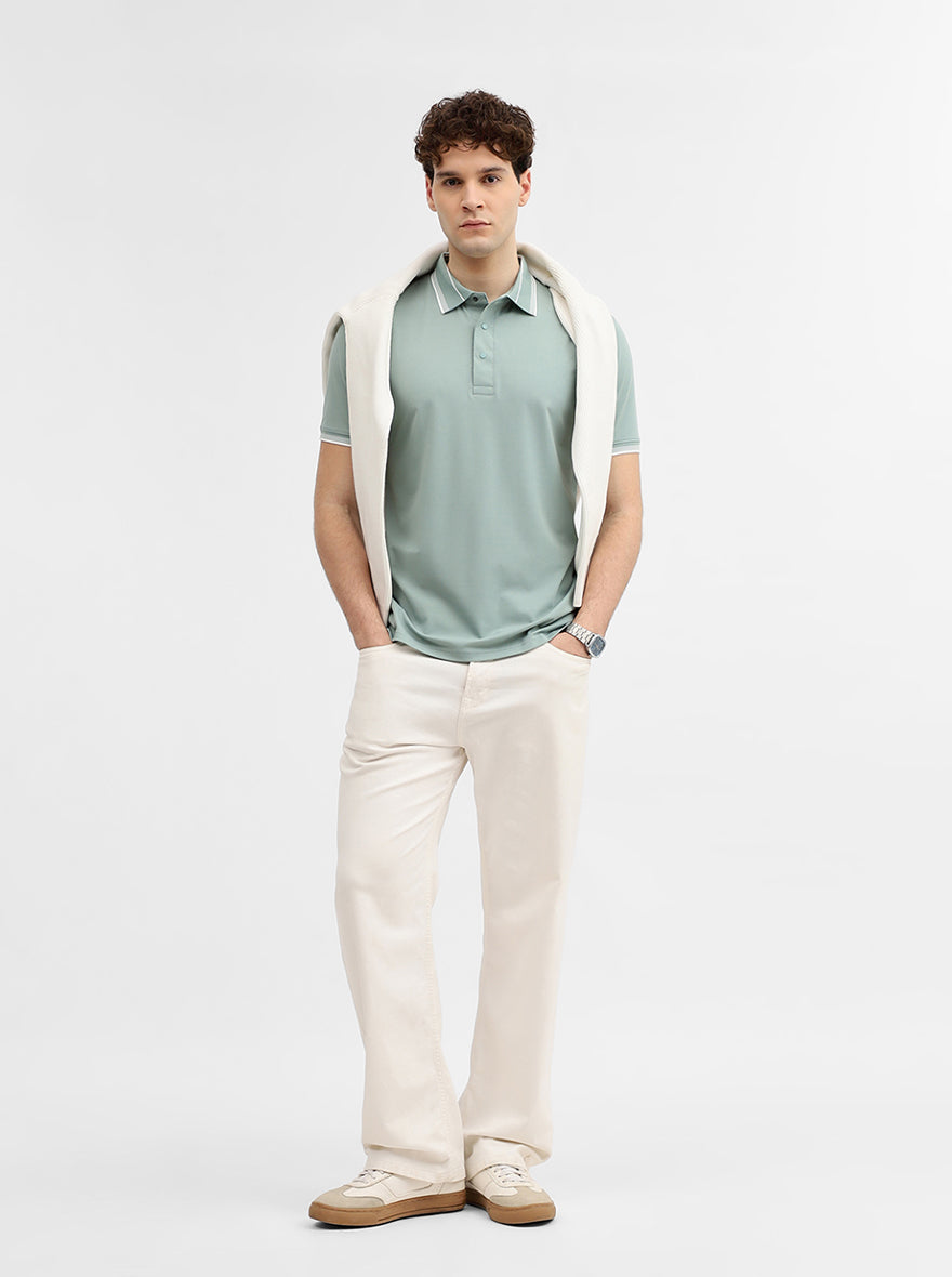 Sea Green Solid Slim Fit Polo T-Shirt | JadeBlue