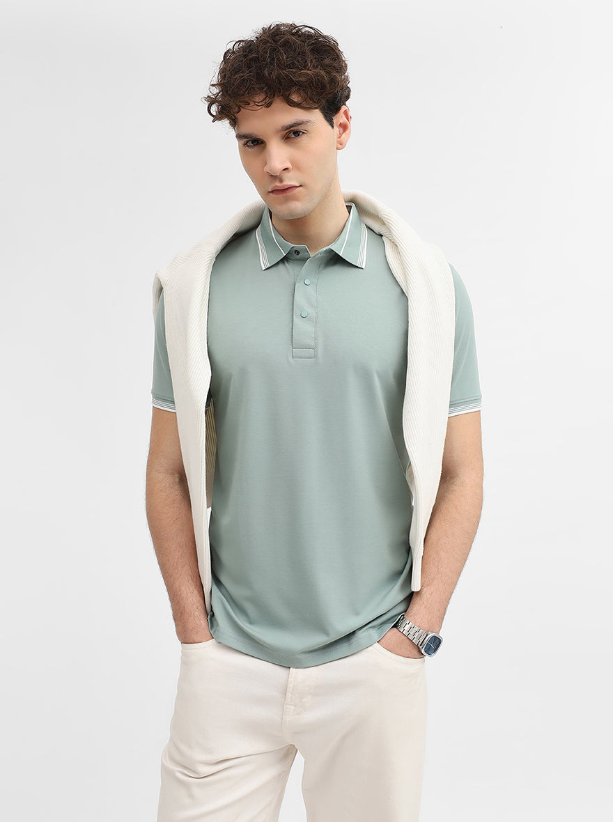 Sea Green Solid Slim Fit Polo T-Shirt | JadeBlue