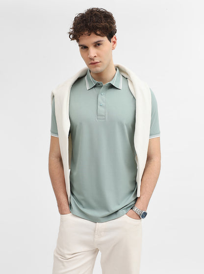 Sea Green Solid Slim Fit Polo T-Shirt | JadeBlue
