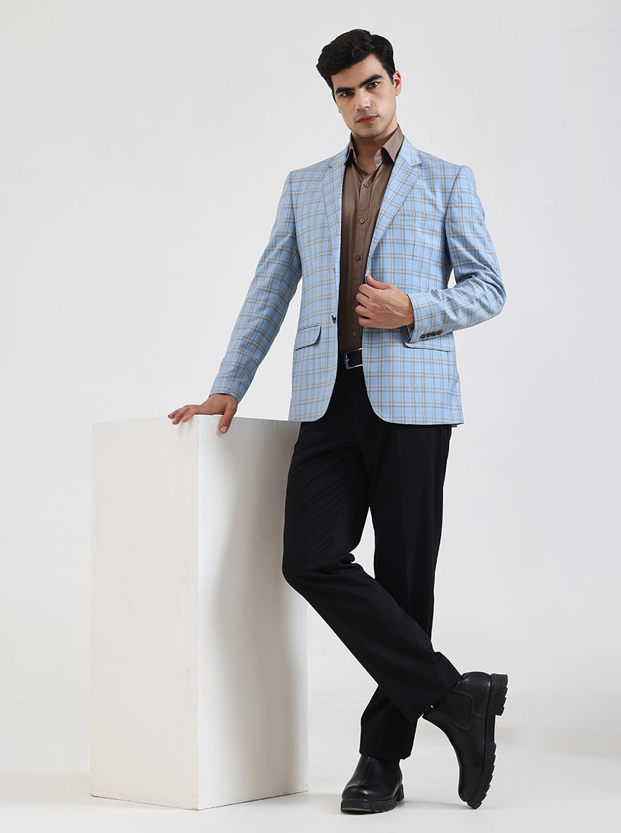 Sky Blue Checked Regular Fit Blazer | JB Studio