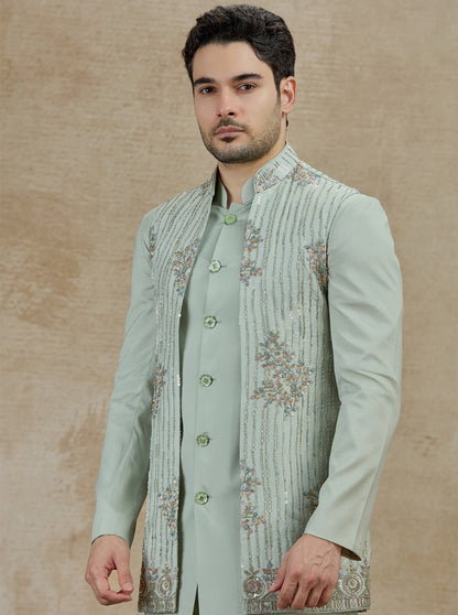 Pista Embroidered Kurta Pajama with Koti | Virasana