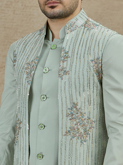 Pista Embroidered Kurta Pajama with Koti | Virasana