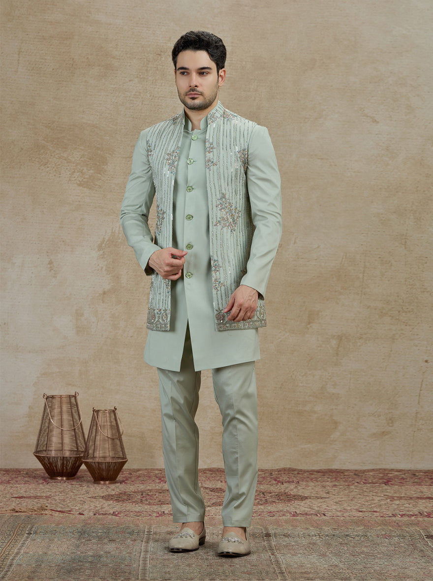 Pista Embroidered Kurta Pajama with Koti | Virasana