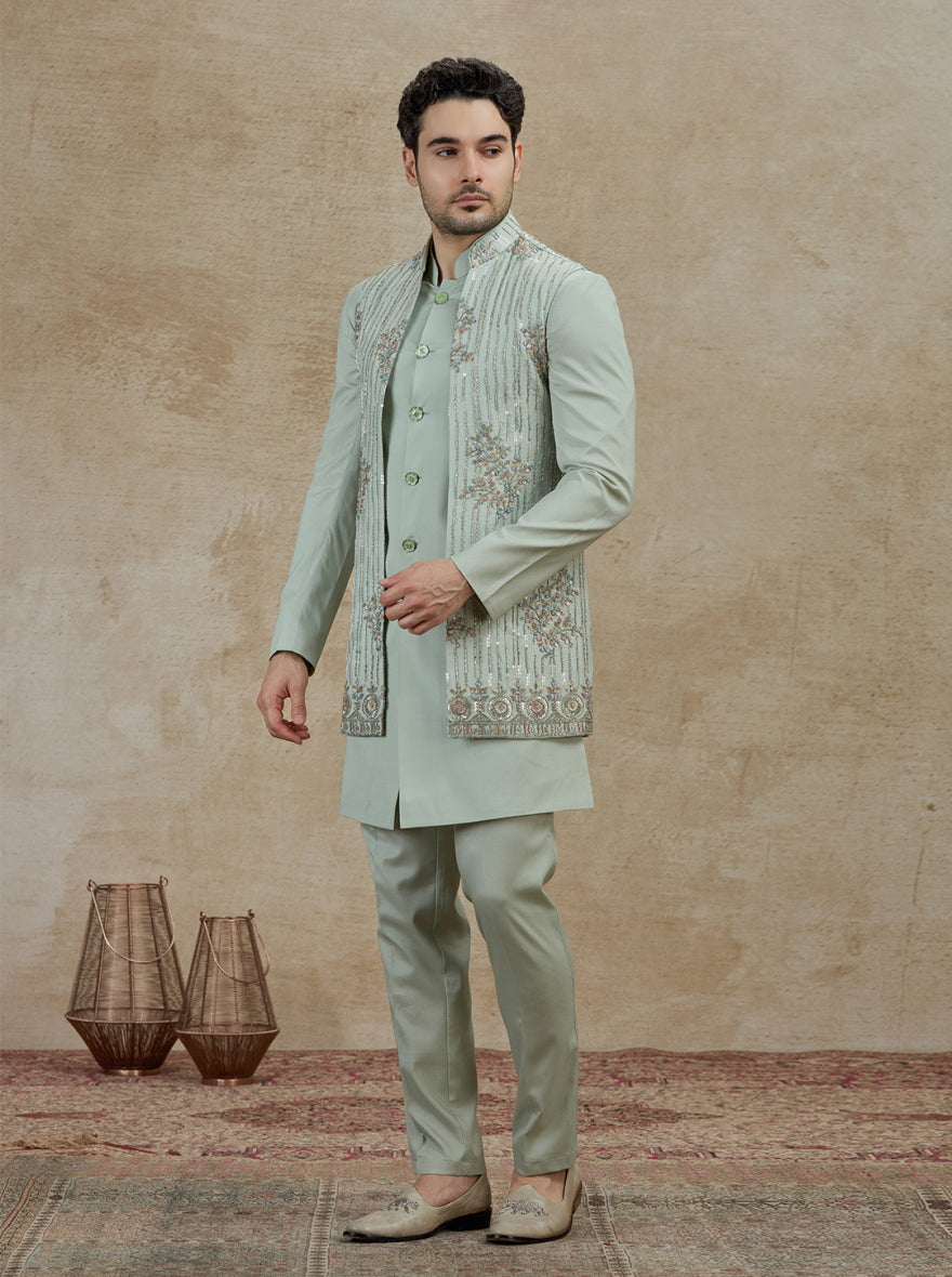 Pista Embroidered Kurta Pajama with Koti | Virasana