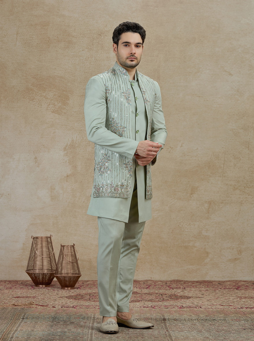 Pista Embroidered Kurta Pajama with Koti | Virasana