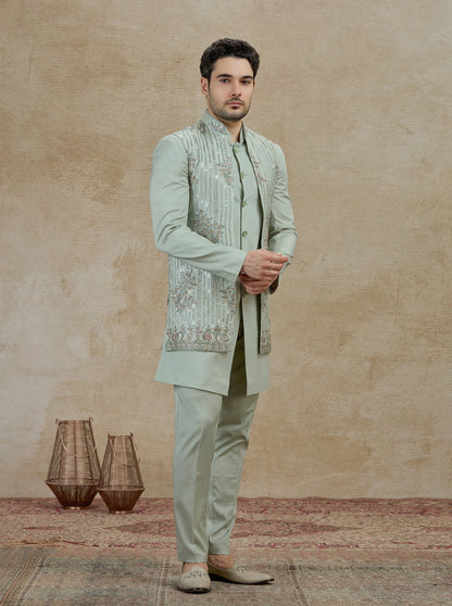 Pista Embroidered Kurta Pajama with Koti | Virasana