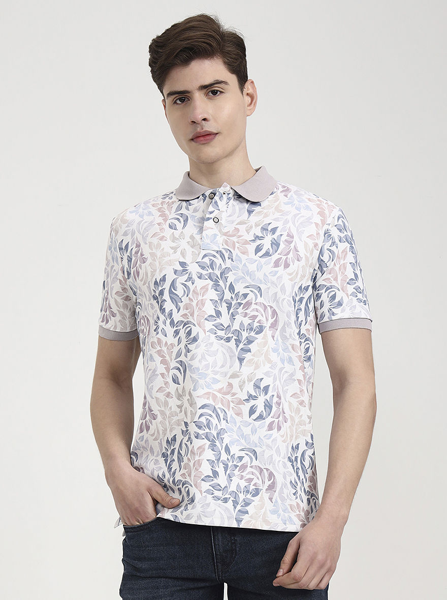Mauve & White Printed Slim Fit Polo T-Shirt | Greenfibre
