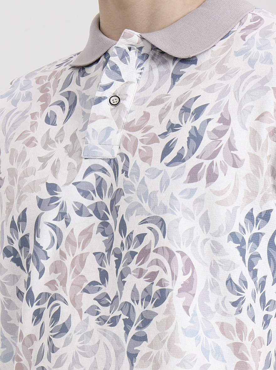 Mauve & White Printed Slim Fit Polo T-Shirt | Greenfibre