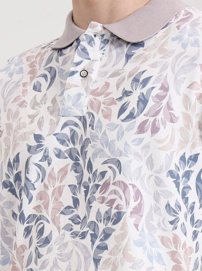 Mauve & White Printed Slim Fit Polo T-Shirt | Greenfibre