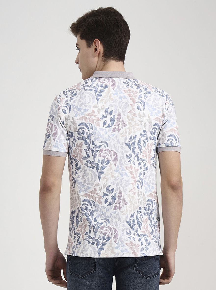 Mauve & White Printed Slim Fit Polo T-Shirt | Greenfibre