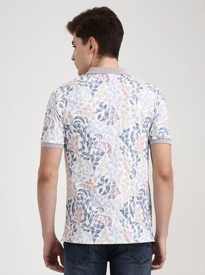 Mauve & White Printed Slim Fit Polo T-Shirt | Greenfibre
