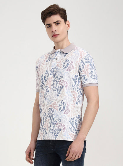 Mauve & White Printed Slim Fit Polo T-Shirt | Greenfibre