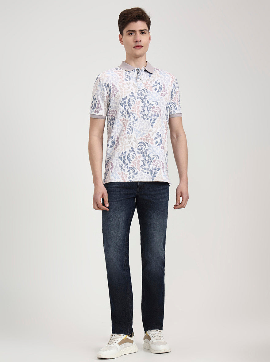 Mauve & White Printed Slim Fit Polo T-Shirt | Greenfibre