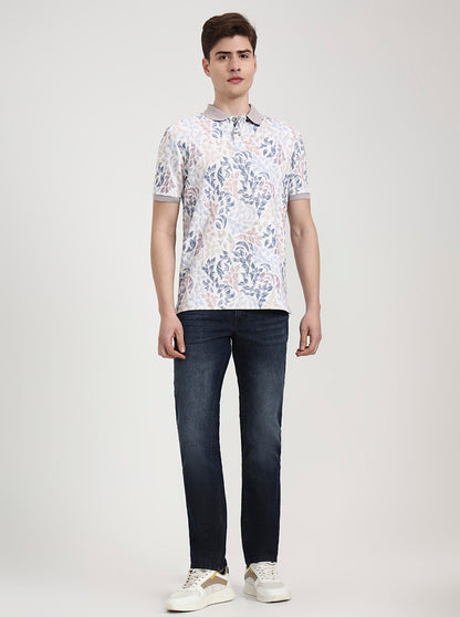 Mauve & White Printed Slim Fit Polo T-Shirt | Greenfibre