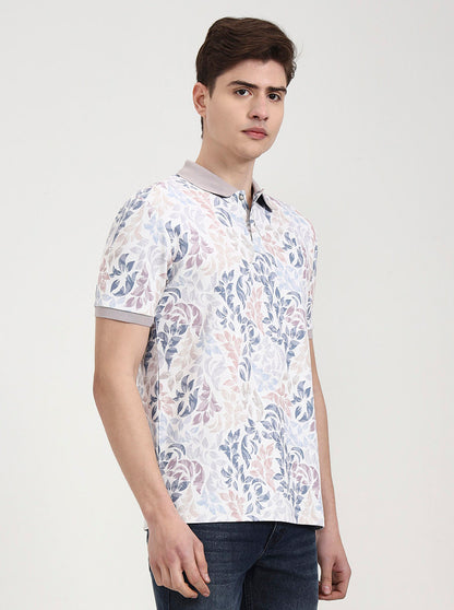 Mauve & White Printed Slim Fit Polo T-Shirt | Greenfibre