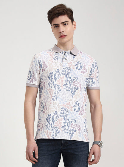 Mauve & White Printed Slim Fit Polo T-Shirt | Greenfibre