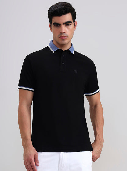 Black Solid Slim Fit Polo T-Shirt | JadeBlue