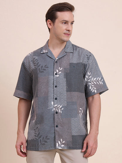 Navy & Green Printed Slim Fit Casual Shirt | JadeBlue