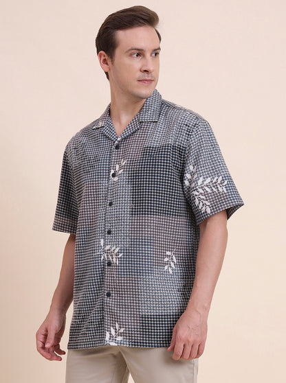 Navy & Green Printed Slim Fit Casual Shirt | JadeBlue