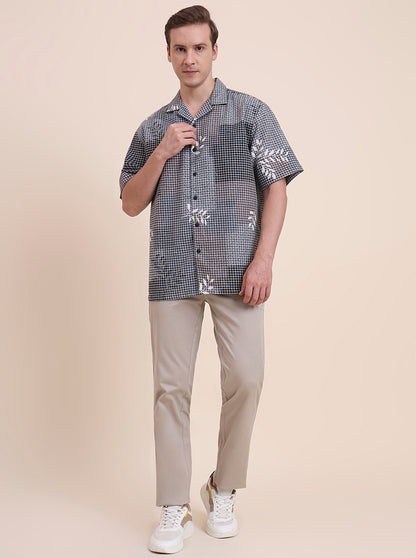 Navy & Green Printed Slim Fit Casual Shirt | JadeBlue