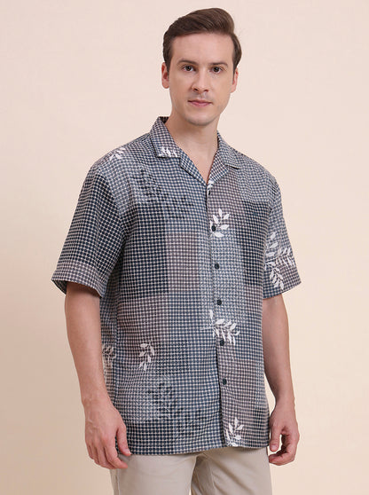 Navy & Green Printed Slim Fit Casual Shirt | JadeBlue