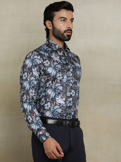 Dark Grey Printed Slim fit Party Wear Shirt | JB Studio