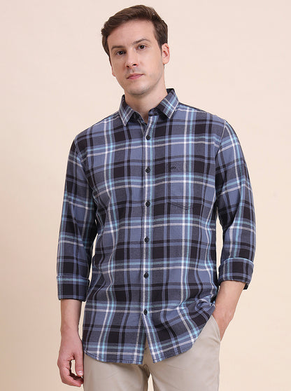 Blue Checked Slim Fit Casual Shirt | JadeBlue
