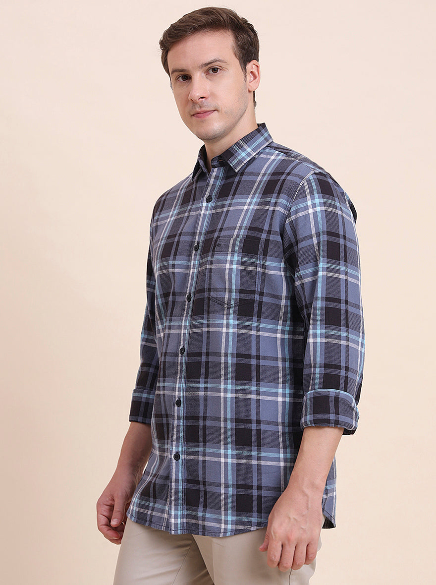 Blue Checked Slim Fit Casual Shirt | JadeBlue