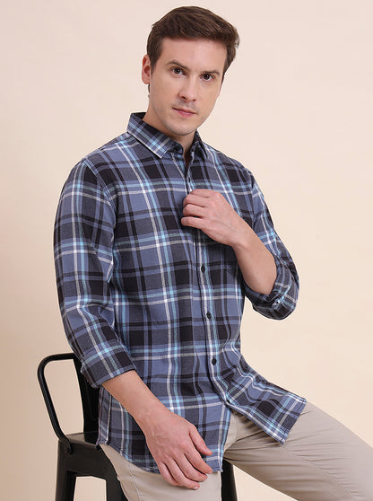 Blue Checked Slim Fit Casual Shirt | JadeBlue