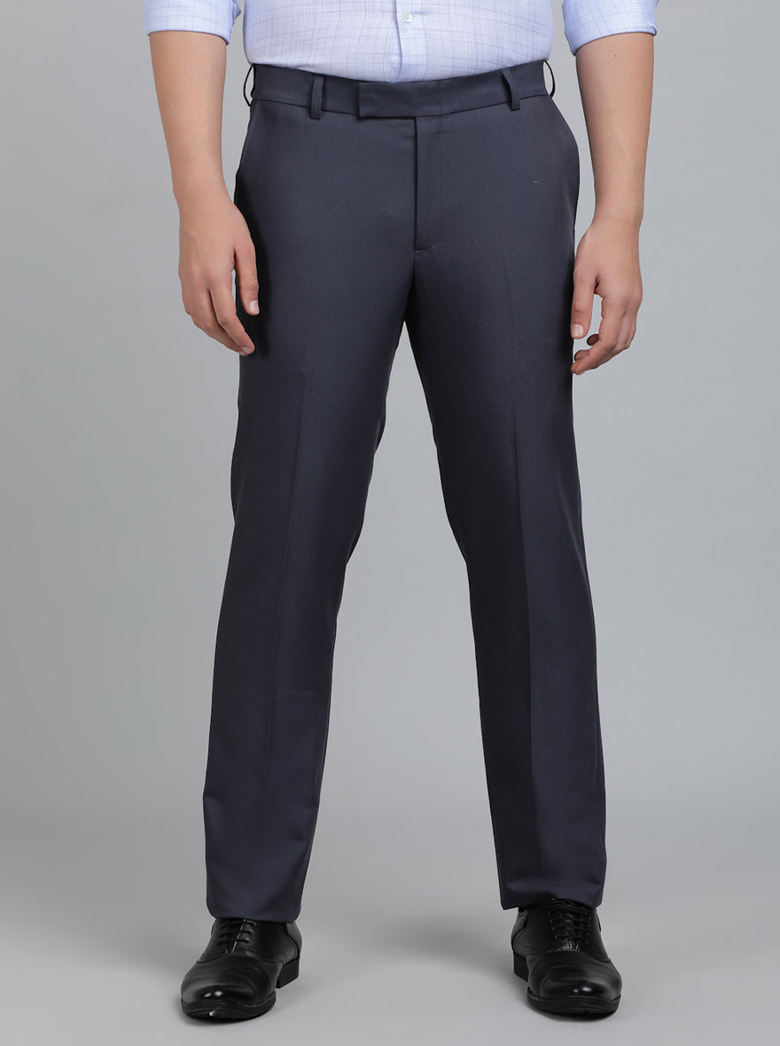 Navy Blue Solid Slim Fit Formal Trouser | Metal