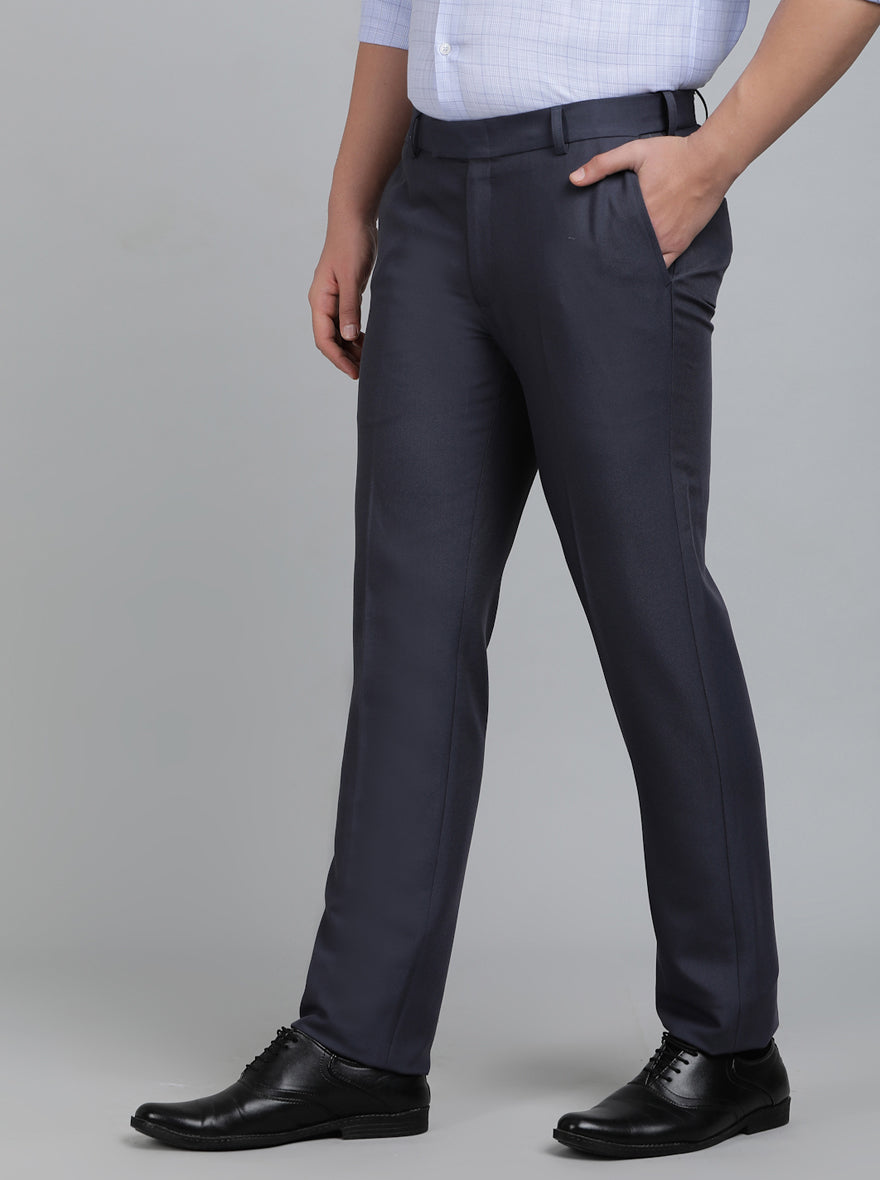 Navy Blue Solid Slim Fit Formal Trouser | Metal