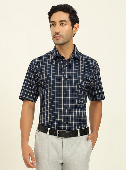 Blue & Grey Checked Regular Fit Formal Shirt | JadeBlue