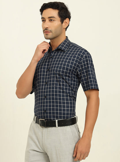 Blue & Grey Checked Regular Fit Formal Shirt | JadeBlue