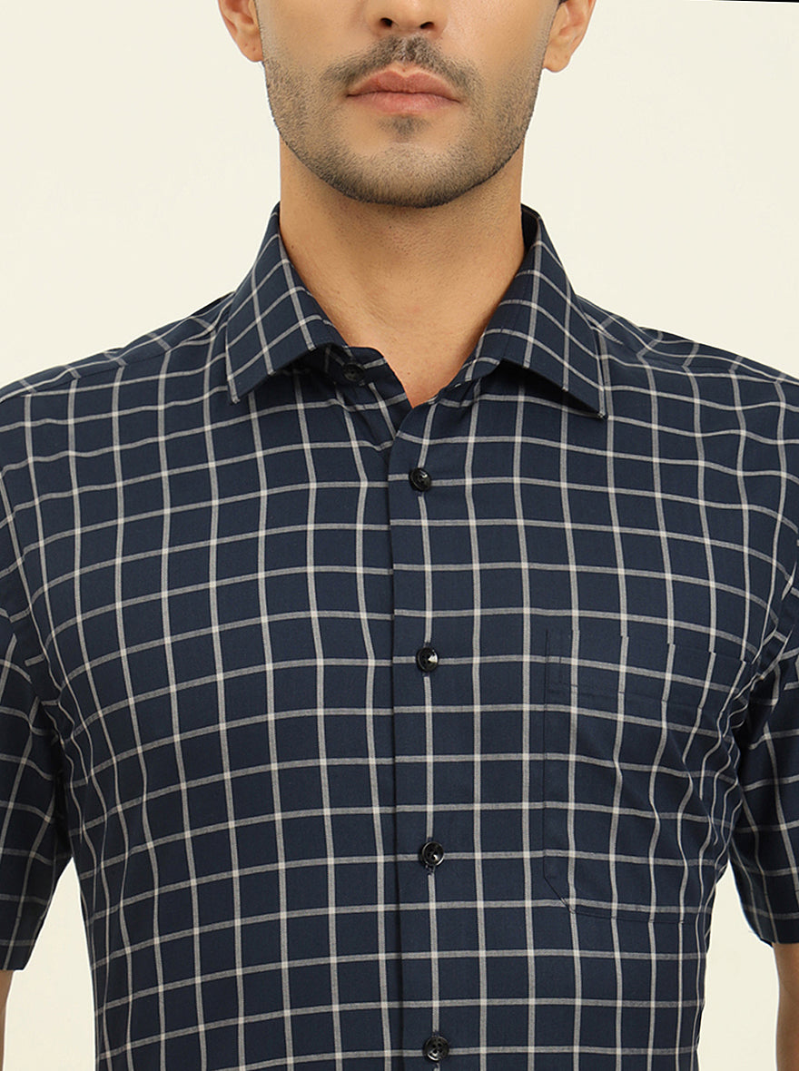 Blue & Grey Checked Regular Fit Formal Shirt | JadeBlue